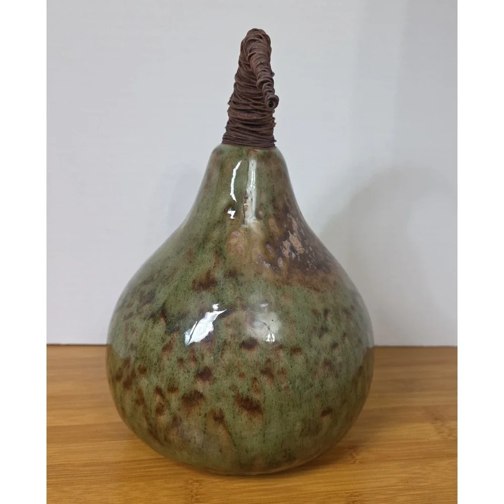 Pier 1 Ceramic Gourd Pumpkin Pear Wire Stem Brown Green Marbled Glossy Fall Art